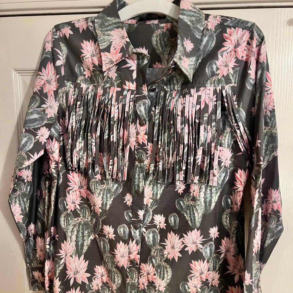 Cactus print western fringe button up top